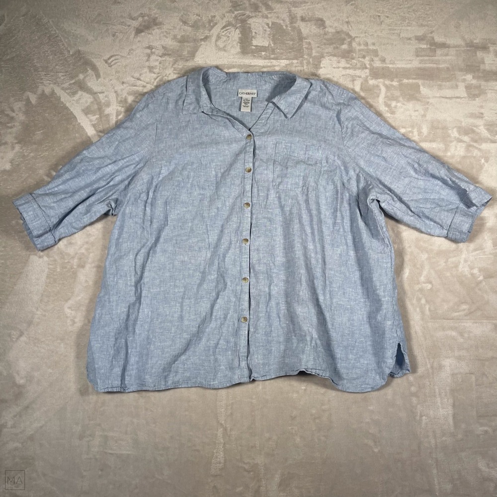 Catherines Women's Blouse Linen Blend Coastal Summer Casual 3XL Blue